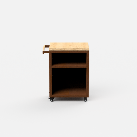 Desserte de brasero en acier corten - cuisine exterieur avec plan de travail de 60cm en bois - roues et poignées